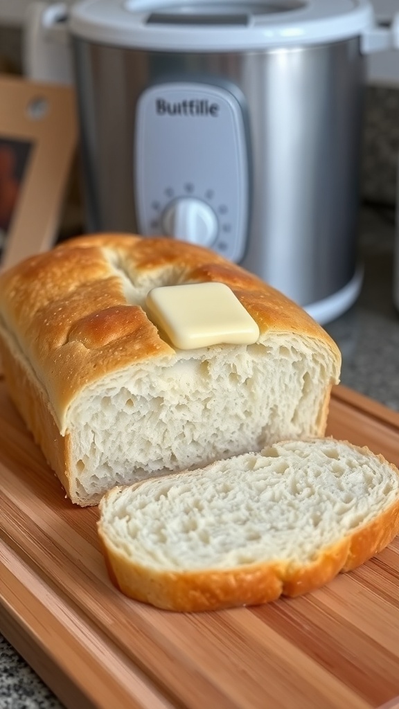 A golden crusted loaf of white bread sliced on a cutting board with butter.